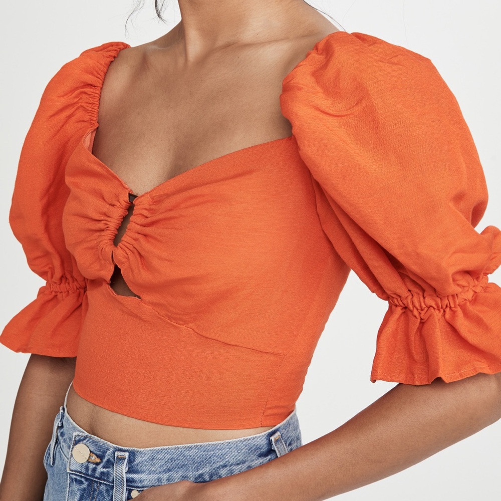 C/Meo Collective Orange Puff Sleeve Argyle Top